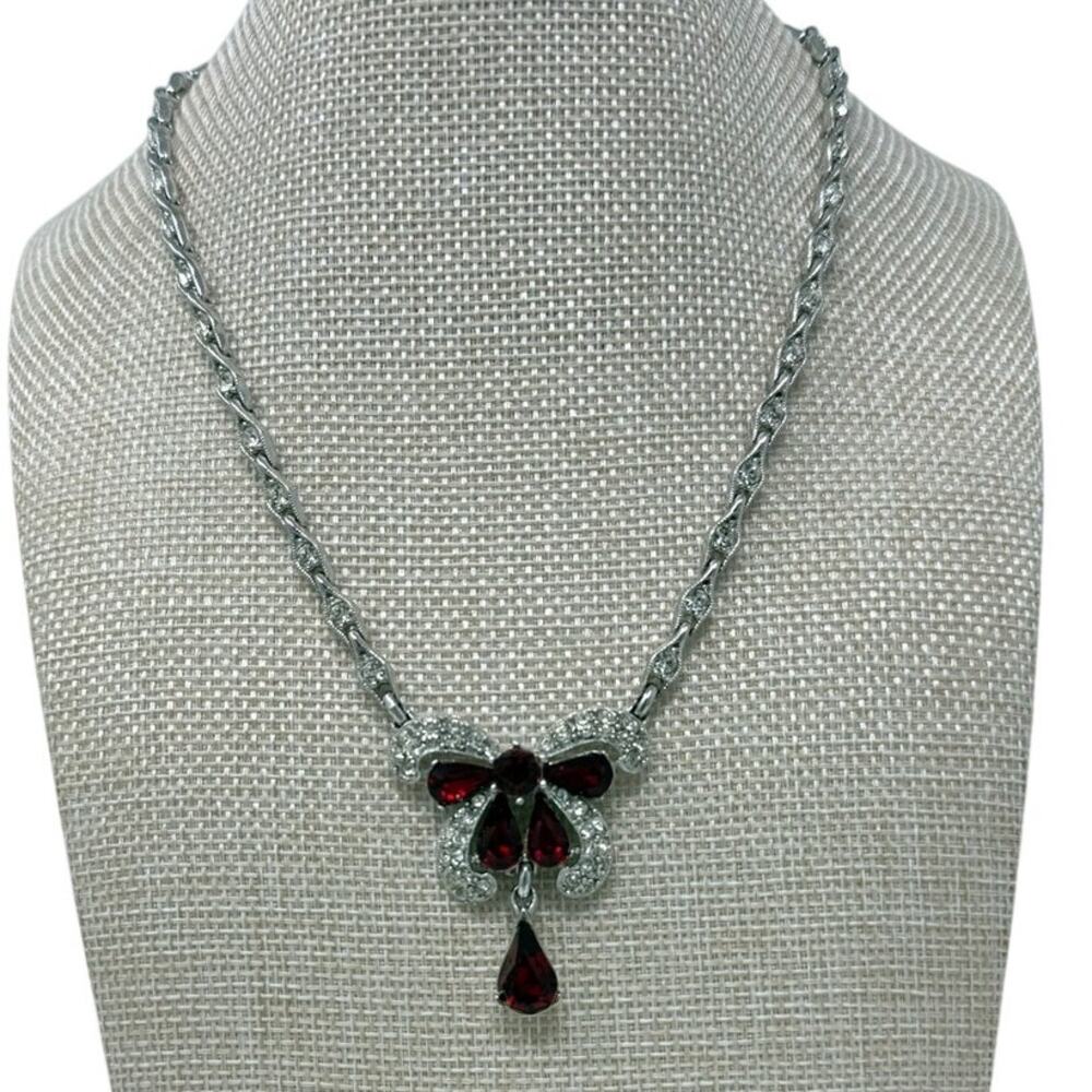 Vintage 40s Bogoff Ruby Red Rhinestone Bow Necklace Silver Tone 16”